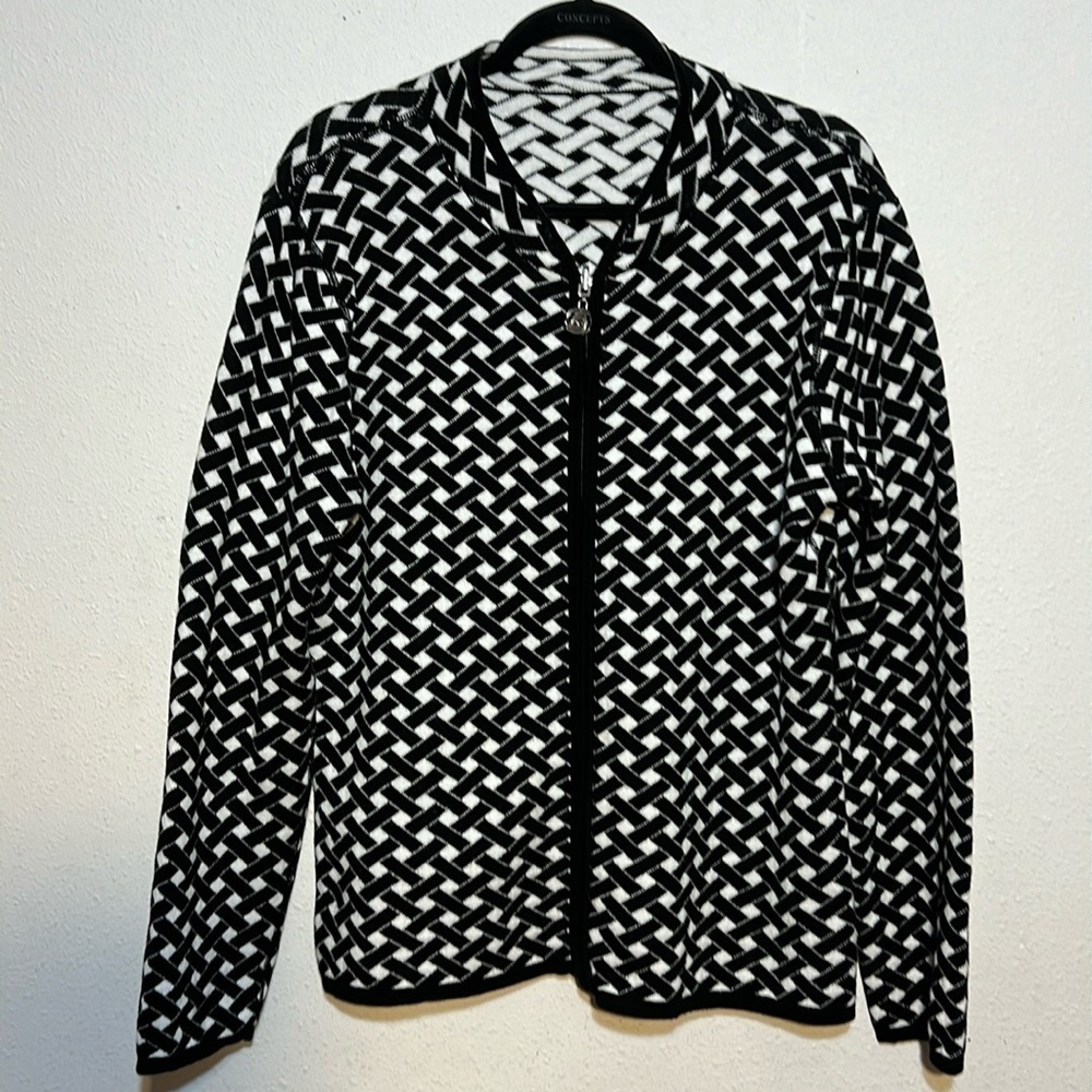 Mia Reis Womens Black White Zip Up Sweater